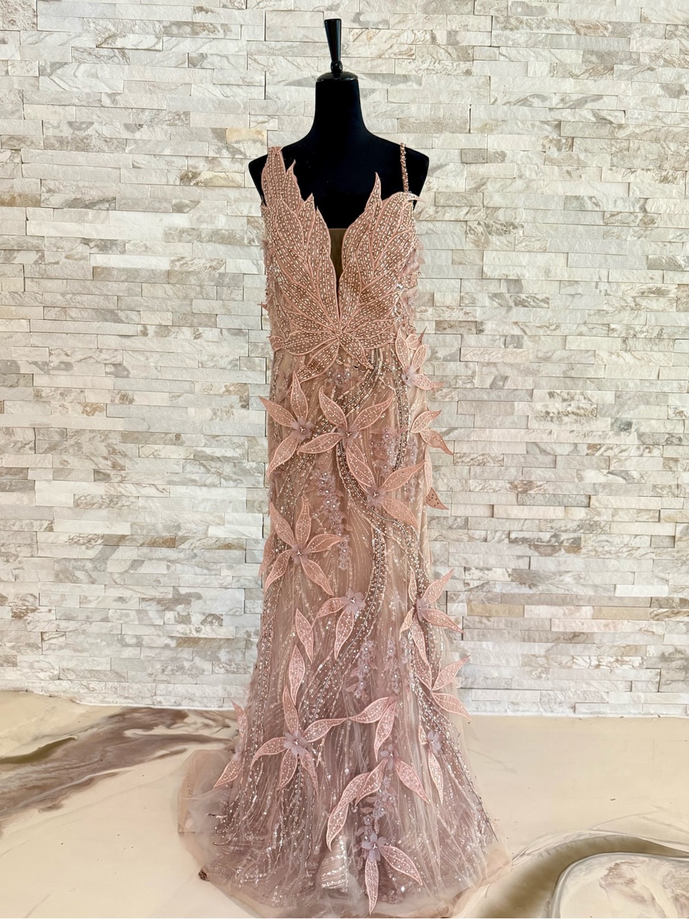 Terani Couture Blush Pink Beaded Floral Mermaid Evening Dress - Picture 4 of 15